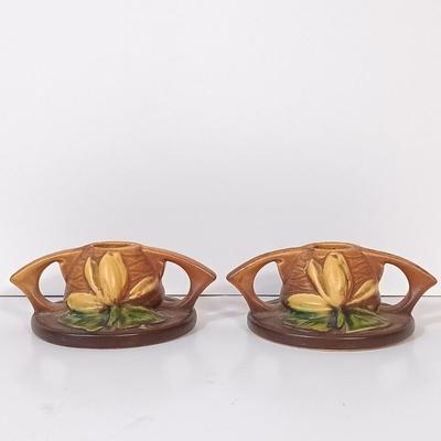 LOT 158: Roseville Pottery Water Lily Candle Stick Holders