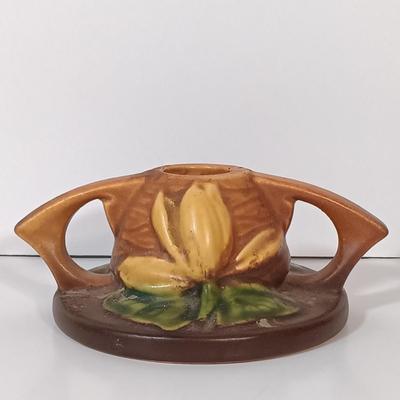 LOT 158: Roseville Pottery Water Lily Candle Stick Holders