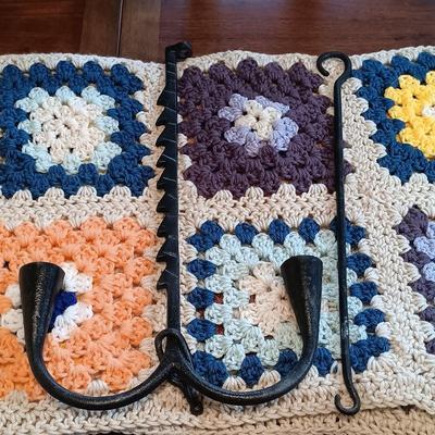 LOT 162: Vintage Crocheted Granny Square Blanket and Wall Shelves