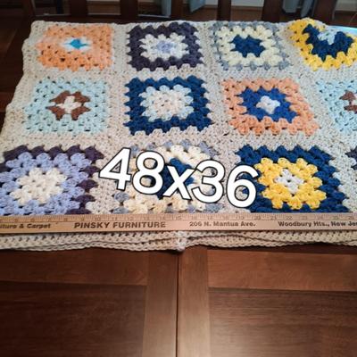 LOT 162: Vintage Crocheted Granny Square Blanket and Wall Shelves