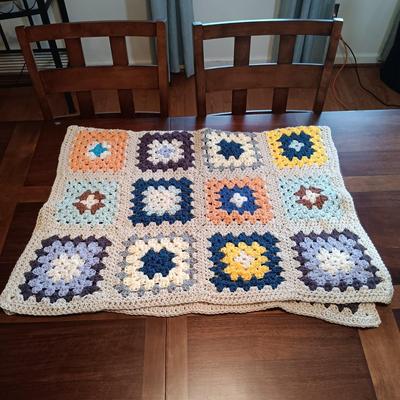 LOT 162: Vintage Crocheted Granny Square Blanket and Wall Shelves