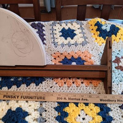 LOT 162: Vintage Crocheted Granny Square Blanket and Wall Shelves