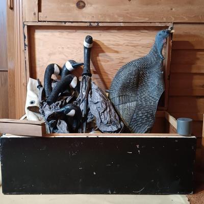 LOT 163: Wooden Storage Box Full of Rubber Duck Decoys and More