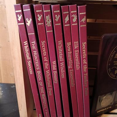 LOT 164: North American Hunting Club Collectors Coin Set and Books with Vintage Camera & Antique/Vintage Powder Horn