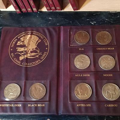 LOT 164: North American Hunting Club Collectors Coin Set and Books with Vintage Camera & Antique/Vintage Powder Horn