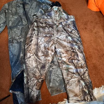 LOT 170: Field & Stream Camouflage Insulated Hunting Pants Size 2xl and Liberty Outdoor Jumpsuit Sixe 3XL