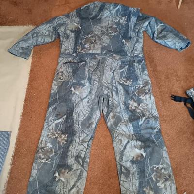 LOT 170: Field & Stream Camouflage Insulated Hunting Pants Size 2xl and Liberty Outdoor Jumpsuit Sixe 3XL