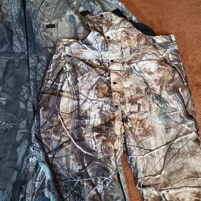 LOT 170: Field & Stream Camouflage Insulated Hunting Pants Size 2xl and Liberty Outdoor Jumpsuit Sixe 3XL