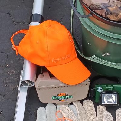 LOT 181: Reels on Wheels Fishing Cart Accessory with a Big Game Storage Bucket, Various Knives & More