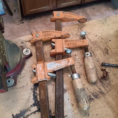 LOT 186: Sears Bench Vice, Pole Clamps and More