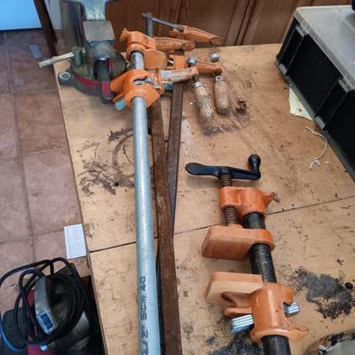LOT 186: Sears Bench Vice, Pole Clamps and More