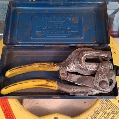 LOT 187: Whitney-Jensen Metal Working Punch, Thomas & Belts Fish Tape, Band Clamp and Stanley Chisel Set