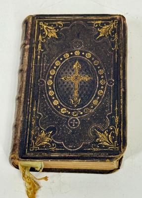 Sale Photo Thumbnail #12: Title translates to: Spiritual Exercises of Great Help to Christians Who Desire to Work Out Their Salvation: New Edition.  As best as we can tell, published by the Catholic Church in Bayonne, France (a large city is the Basque region of Southern France) i