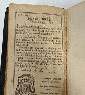 Sale Photo Thumbnail #21: Title translates to: Spiritual Exercises of Great Help to Christians Who Desire to Work Out Their Salvation: New Edition.  As best as we can tell, published by the Catholic Church in Bayonne, France (a large city is the Basque region of Southern France) i