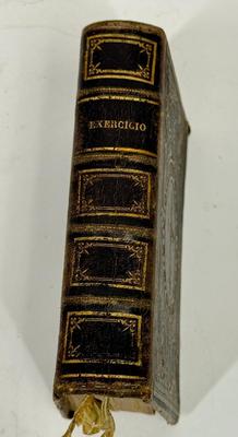 Sale Photo Thumbnail #14: Title translates to: Spiritual Exercises of Great Help to Christians Who Desire to Work Out Their Salvation: New Edition.  As best as we can tell, published by the Catholic Church in Bayonne, France (a large city is the Basque region of Southern France) i