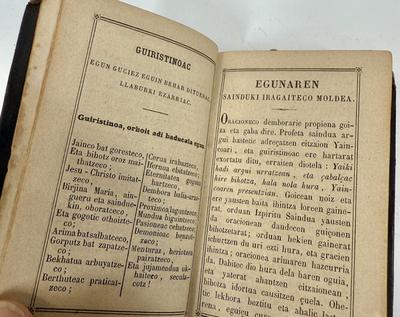 Sale Photo Thumbnail #24: Title translates to: Spiritual Exercises of Great Help to Christians Who Desire to Work Out Their Salvation: New Edition.  As best as we can tell, published by the Catholic Church in Bayonne, France (a large city is the Basque region of Southern France) i