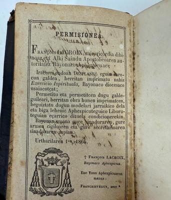 Sale Photo Thumbnail #20: Title translates to: Spiritual Exercises of Great Help to Christians Who Desire to Work Out Their Salvation: New Edition.  As best as we can tell, published by the Catholic Church in Bayonne, France (a large city is the Basque region of Southern France) i