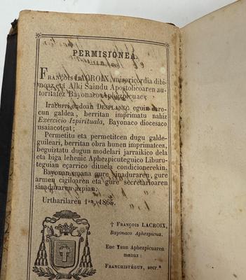 Sale Photo Thumbnail #22: Title translates to: Spiritual Exercises of Great Help to Christians Who Desire to Work Out Their Salvation: New Edition.  As best as we can tell, published by the Catholic Church in Bayonne, France (a large city is the Basque region of Southern France) i