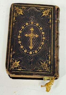 Sale Photo Thumbnail #15: Title translates to: Spiritual Exercises of Great Help to Christians Who Desire to Work Out Their Salvation: New Edition.  As best as we can tell, published by the Catholic Church in Bayonne, France (a large city is the Basque region of Southern France) i