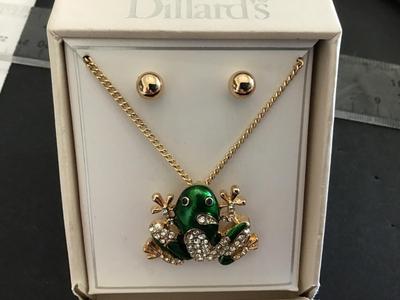 Frog Rhinestone Necklace With Earrings. Dillards NIB