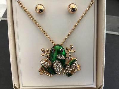 Frog Rhinestone Necklace With Earrings. Dillards NIB