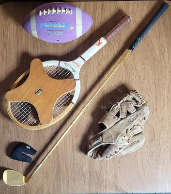 LOT 64X: Vintage Sporting Equipment Featuring Golden Cadillac Sand Wedge Golf Club, Kroydon Junior Pro Tennis Racket and More