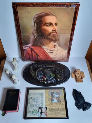 LOT 68L: Collection of Religious Items Including Holy Bible, Jesus Framed Painting and More