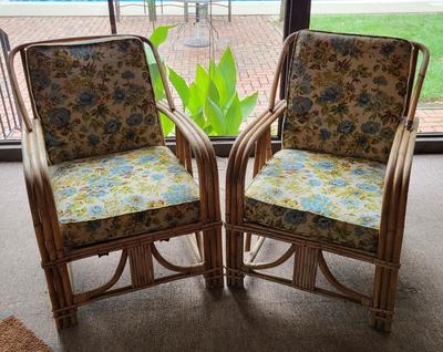 LOT 124P: Pair of Vintage Rattan Bamboo Porch Chairs with Floral Pattern Cushions