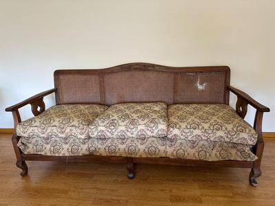 Antique Caned Back Settee with Carved Crest & Cabriole Legs