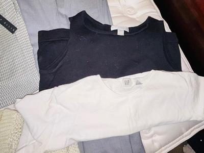 PERRY ELLIS 2 PC SUIT (SIZE 6) , MED SWEATER AND SMALL SHIRTS