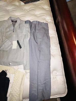 PERRY ELLIS 2 PC SUIT (SIZE 6) , MED SWEATER AND SMALL SHIRTS