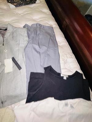 PERRY ELLIS 2 PC SUIT (SIZE 6) , MED SWEATER AND SMALL SHIRTS
