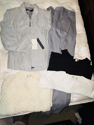 PERRY ELLIS 2 PC SUIT (SIZE 6) , MED SWEATER AND SMALL SHIRTS