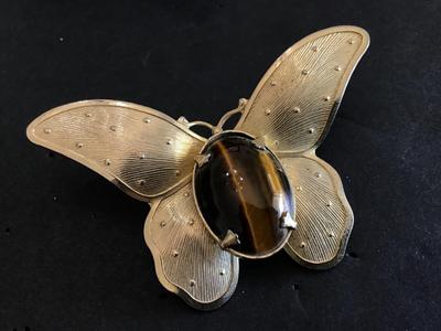 Large Tigers Eye Stone in Texured Butterfly Vintage