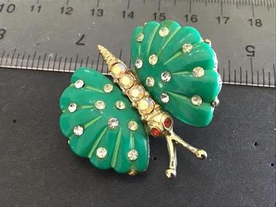 Vintage Green Rhinestone Butterfly Brooch