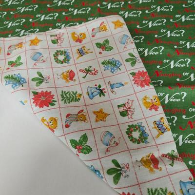 LOT 67P: Christmas Decor Including Quilted Wall Hanging, Hand-Made Coasters, Table Napkins, Cloth Basket, Round Trivets, and More