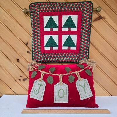 LOT 67P: Christmas Decor Including Quilted Wall Hanging, Hand-Made Coasters, Table Napkins, Cloth Basket, Round Trivets, and More
