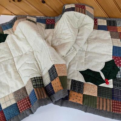 LOT 68P: Hand-Made Christmas Decor Including Two Stockings, Table Runners, Coasters, and More