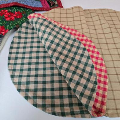 LOT 68P: Hand-Made Christmas Decor Including Two Stockings, Table Runners, Coasters, and More