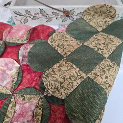 LOT 70P: Holiday Tablecloth and Three Placemats, Hand-Made Placemat, and Wooden Handled Tray Box