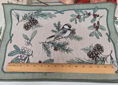 LOT 70P: Holiday Tablecloth and Three Placemats, Hand-Made Placemat, and Wooden Handled Tray Box