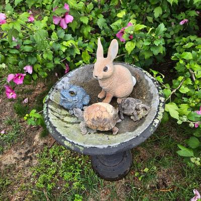 LOT 71: Metal Birdbath and Various Resin Forest Animals