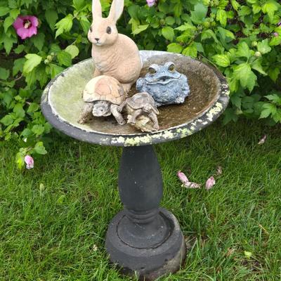 LOT 71: Metal Birdbath and Various Resin Forest Animals