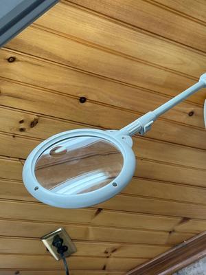 LOT 85P: Ott-Lite Floor Lamp Crafting Light w Magnifying Glass and Craft Tray / Pin Cushion