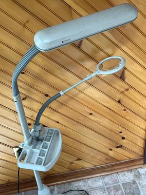 LOT 85P: Ott-Lite Floor Lamp Crafting Light w Magnifying Glass and Craft Tray / Pin Cushion