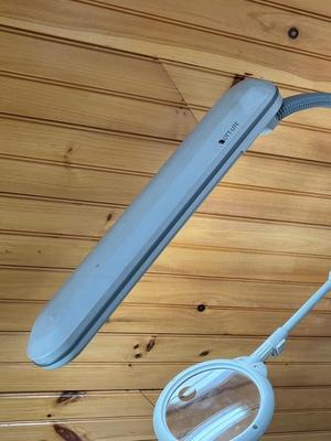 LOT 85P: Ott-Lite Floor Lamp Crafting Light w Magnifying Glass and Craft Tray / Pin Cushion