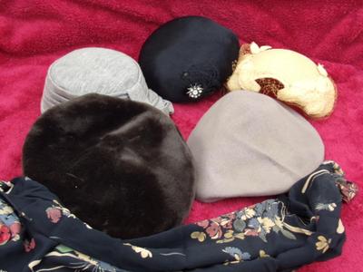Five VERY OLD vintage ladies hats and a silk summer shawl in a box