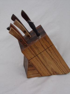 Wooden knife holder. With some knives & sharpening steel.