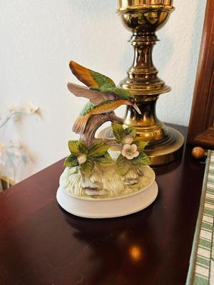 GOTHAM BIRD MUSIC BOX, LAMP, WALL SCARF, AND FRAMED PICTURE