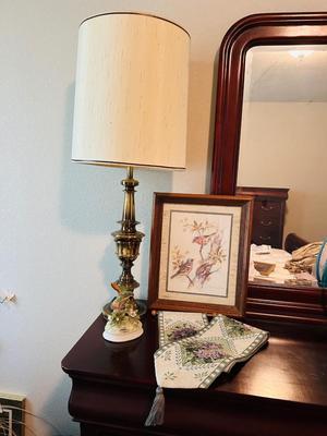 GOTHAM BIRD MUSIC BOX, LAMP, WALL SCARF, AND FRAMED PICTURE